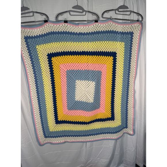 VTG. Handmade Crochet Granny Square Blanket multicolor pastel afghan throw. baby - Picture 1 of 1